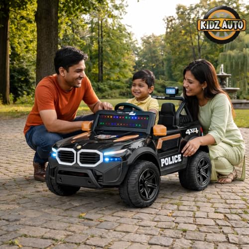 Image of KAB J 777 Rechargeable Battery Operated Jeep for Kids |POBO-2026 |Electric Ride-On Toy with LED Lights,Music,RGB Windshield,Steering Function & Dual Control (Black)