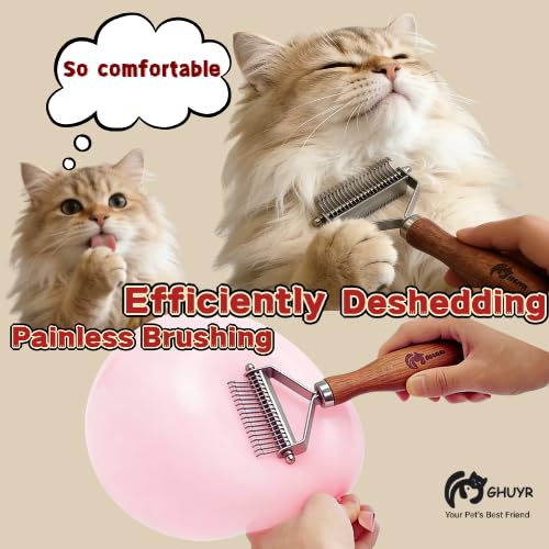 Cat Dematting Comb for Long Haired Cats, 2-in-1 Undercoat Rake for Mats, Tangles & Loose Fur, Double-Sided Grooming Tool