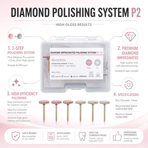 Image of Dental Composite Resin Polishing P2 Disc Polisher Wheels Diamond 2-Step Polishing System 14mm Wheel Kit Spiral