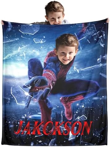 Kids Superhero Blanket Personalized Spider Blanket with Picture & Name Custom Throw Blanket for Boys Halloween Christmas Valentines Day Birthday Gift for Super Hero Lover