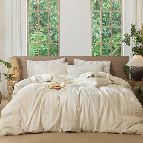 Image of MooMee Striped Duvet Cover Set 100% Washed Cotton Linen Like Oversized King | Relaxed Linen-like Texture. Soft, Breathable & Long-lasting Comfort. Lightweight. Hidden Zipper with 8 Interior Corner Ties