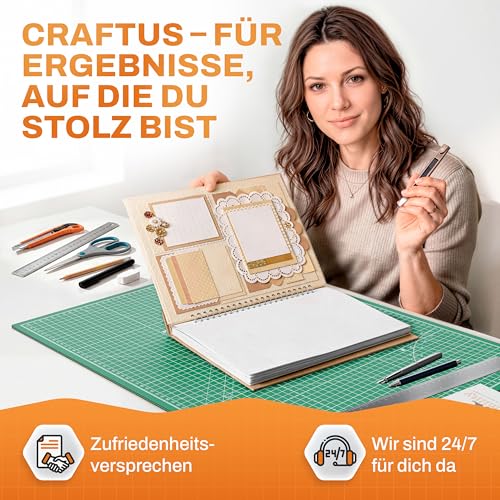 CRAFTUS Schneidematte A1 Grün [60x90cm] | Bastelunterlage selbstheilend mit 5-lagigem Schnittschutzkern | Bastelmatte mit beidseitigen Präzisionsmuster & Winkelmesser