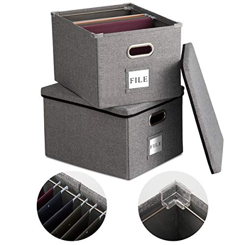 Collapsible File Box Storage Organizer with lid [2 PACK] Decorative Linen Hanging File Boxes with Handles Letter/Legal Office File Storage Box Metal Sliding Rail for Easier Document Storage (L, Gray)