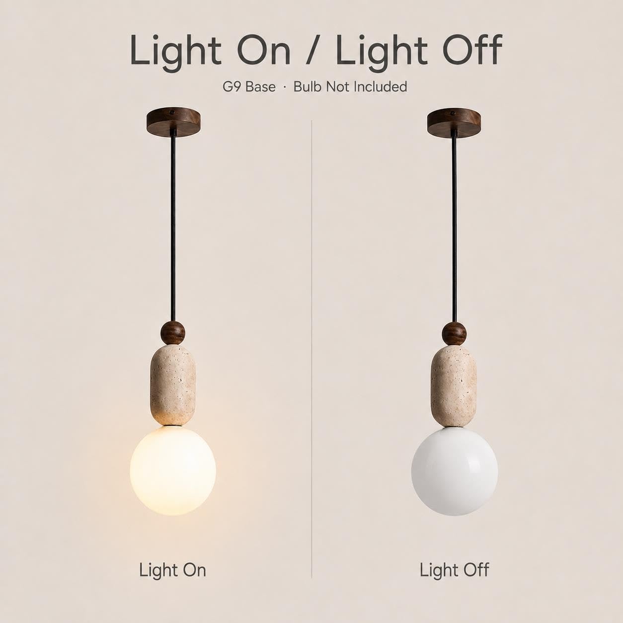 Lampada a sospensione in travertino naturale con paralume a sfera in vetro