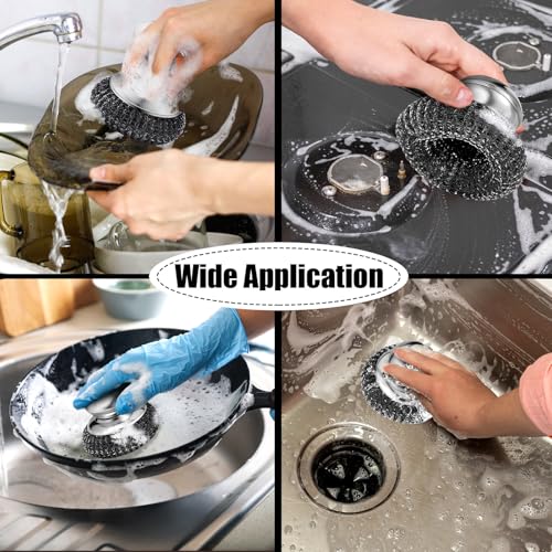 Image of 4 Pcs Stainless Steel Wool Scrubbers with Handle 12 Replacement Metal Cast Iron Scrubber Brush for Cleaning Dishes Kitchen Pots Pan Sink