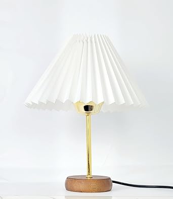 Bambu Tabanlı Modern Gold Metal Ayaklı 22'lik Pileli Beyaz Kumaş Şapkalı Mini Abajur Masa Lambası [Enerji Sınıfı A]