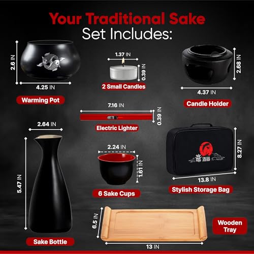 Japanese Sake Set with Warmer | 11 pc | 6 sake cups only | non electric sake warmer | sake bottle | candles | lighter | bamboo sake flight tray for sake cup set | bomb gift kit for chinese sake set