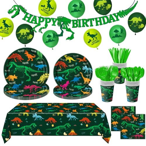 LINHAXM 166 PCS Dinosaur Birthday Decorations, Dinosaur Party Supplies Includes Plates, Cups, Napkins, Cutlery, Banner, Tablecloth, Balloons for Boy Dino Party Decorations, Serves 20