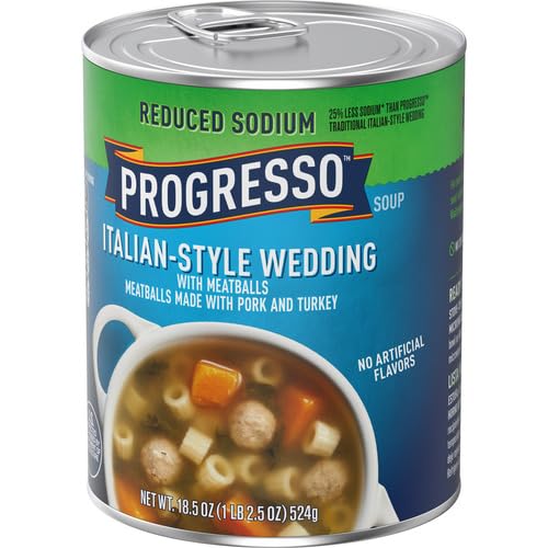 Image of Progresso Reduced Sodium Italian-Style Wedding With Meatballs Soup, 18.5 oz | 25% Less Sodium Reduced From 690mg to 470mg per Serving, Pork & Turkey Meatballs, Rigati Pasta, Carrots & Spinach