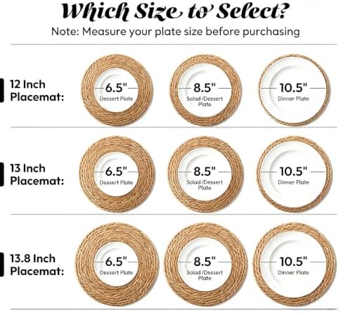 13.8 Inch Round Woven Placemats Set of 8, Rattan Chargers for Dinner Plates, Rattan Wicker Table Mats Jute Braided, Boho Farmhouse Rustic Braided Place Mats for Kitchen Dining Party Decor - 1