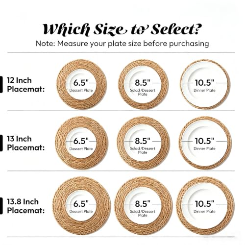 13.8 Inch Round Woven Placemats Set of 8, Rattan Chargers for Dinner Plates, Rattan Wicker Table Mats Jute Braided, Boho Farmhouse Rustic Braided Place Mats for Kitchen Dining Party Decor