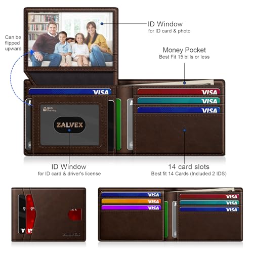 Image of Wallet for Men Slim RFID Blocking Leather Credit Card Holder Wallet for 14 Cards, Bifold Minimalist Thin Wallet with 2 ID Windows & Cash Slot, Front Pockt Carteras Para Hombres, Birthday Gifts for Men