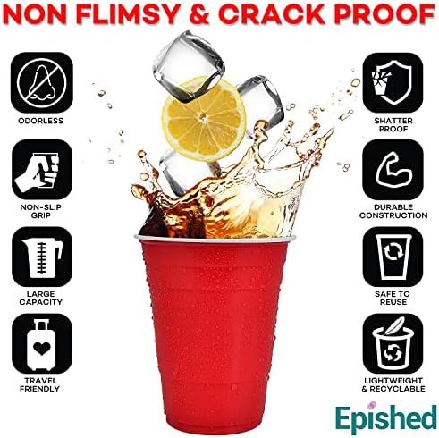 Epished Super Sturdy 100 Pcs (16 oz) Large Red Plastic Cups Disposable & Recyclable - Odorless & Shatter Proof Easy Separable Red Party Cups - Party Hard w/ Red Solo Cups Made of Durable PP Material