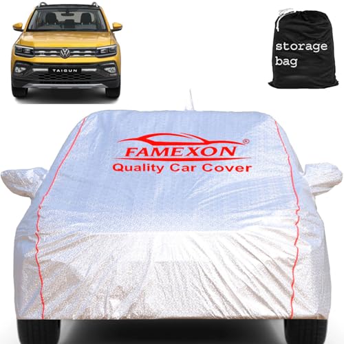 Image of Waterproof Car Body Cover with Mirror Pocket Compatible for Volkswagen Taigun Triple Layer Inner Fabric & Pipein Design Protects from Animals, Heat, Rainfall (Metallic Silver)
