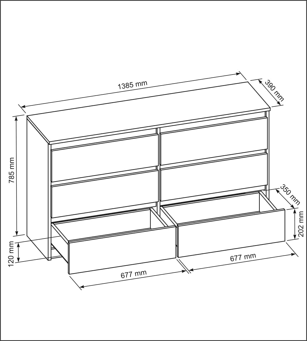 meble masztalerz Kommode Schwarz Matt mit 6 Schubladen 140 cm - Sideboard Wohnzimmer, Schlafzimmer -H: 78,5cm, B: 138,6 cm, T: 39 cm - Kommode mit Schubladen - Schubladenschrank