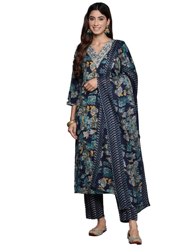 Varanga Womens Blue Floral Printed V-Neck Kurta With Zari Embroidery, Three-Quarter Sleeves, Side Slit, And Matching Bottom & Dupatta