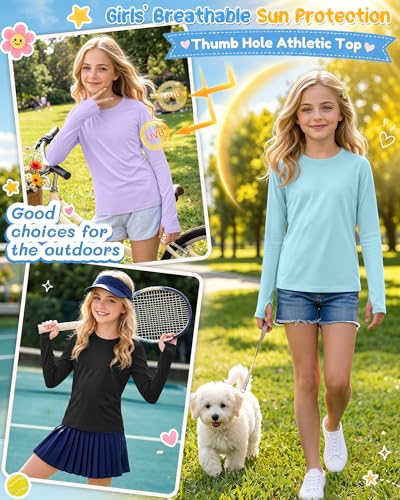 Image of 3 Pack Girls' Rash Guard Swim Long Sleeve Shirt UPF 50+ UV Sun Protection Quick Dry Tee with Thumb Holes 5-14Y