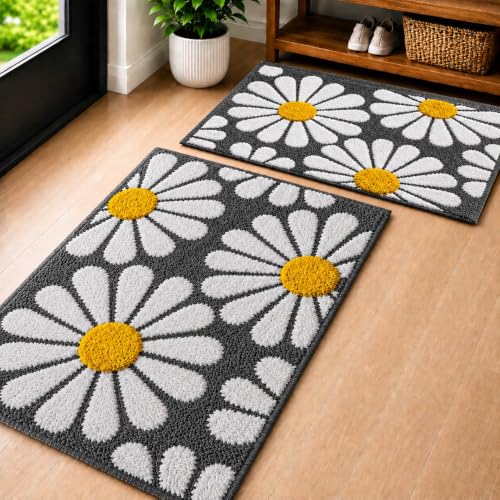 Image of Roseate Flower Anti Skid (40x60 cm) Microfiber 2000 GSM Bath Mat for Bathroom /Bedroom /Door Mat /Floor Mat (Grey) Pack of 2