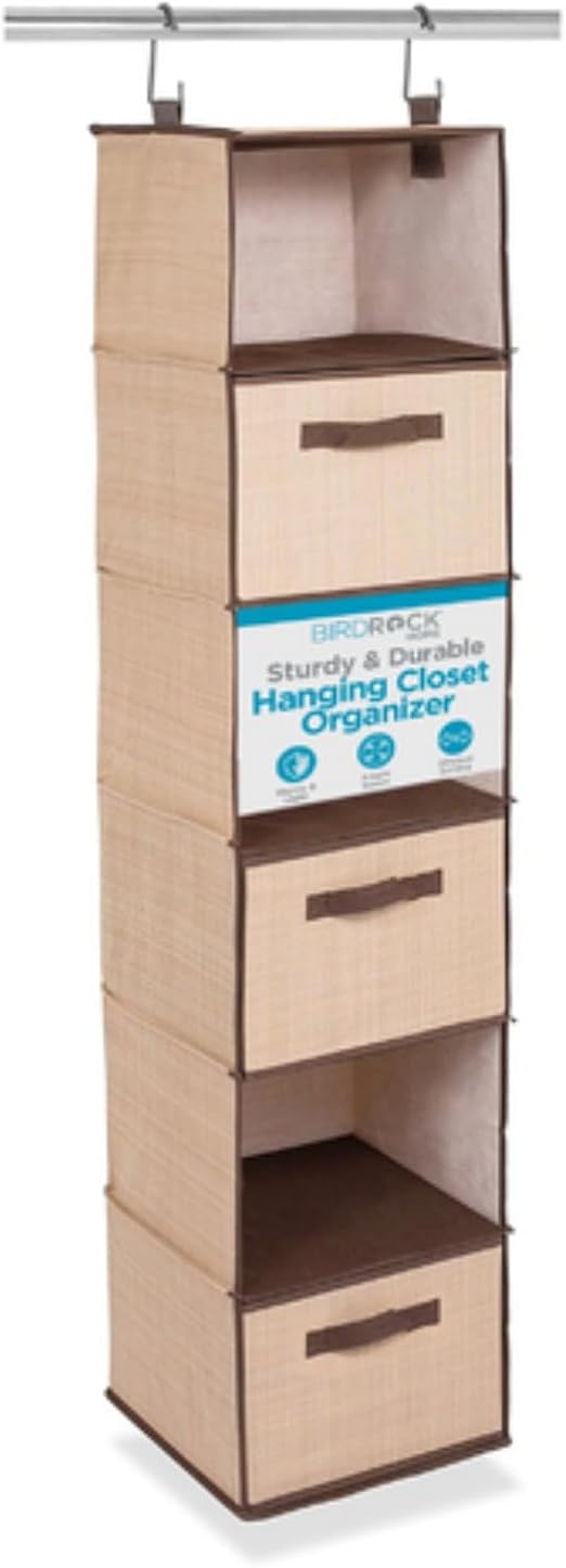 Internet's Best Hanging Closet Organizer with 3 Drawers - 6 Shelf Fabric Storage Organizer for Clothes, Sweaters, Shoes, Accessories - College Dorm Essentials, Small Room Dresser for Kids - Beige