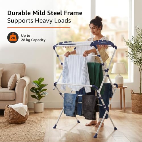 Image of AmazonBasics Clothes Stand for Drying | Foldable & Portable | 13 Hanger Rods and 10 Additional Hooks | Anti Rust Mild Steel