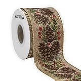 HATIANGE Jute Swirl Pinecone Christmas Burlap Wired Ribbon, 2-1/2 Inch x 11Yards, for Xmas Home...