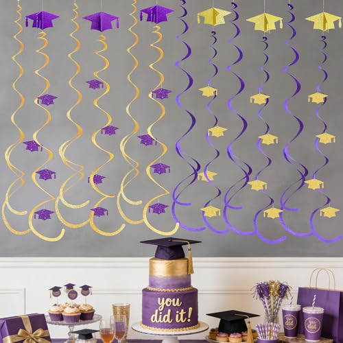 Image of 24Pcs Purple Gold Graduation Grad Cap Hanging Felt Swirl Streamer Spiral Ceiling Garland for Congrats Grad You Did It Class of 2026 We are So Proud of You I'm Done Themed Party Decorations Supplies