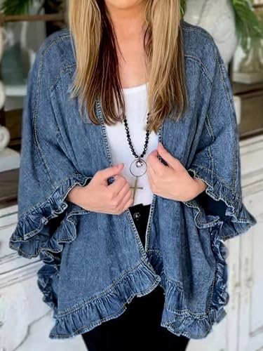 Women's Ruffled Denim Jacket 2025 Trendy Jean Jackets Vintage Loose Poncho Lapel Neck Irregular Denim Trench Coat2