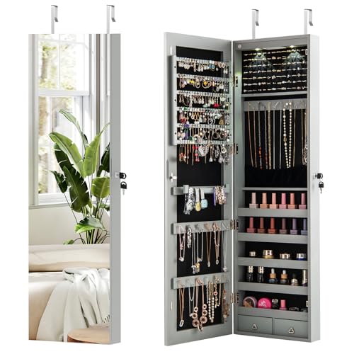 COSTWAY LED Iluminación Armario con Espejo para Joya Organizador de Puerta o Pared con Llave para Anillo Collar Pendiente Almacenamiento (Gris)