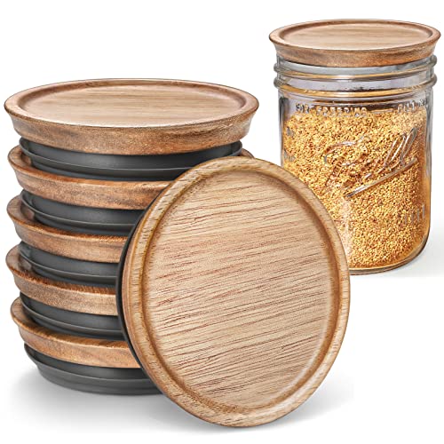 6-Pack Wide Mouth Wooden Mason Jar Lids For Ball/Mason Jars, Reusable Acacia Wood Mason Jar Lids With Airtight Silicone Seal Perfect For Dry Food Storage (Brown) #TOP4