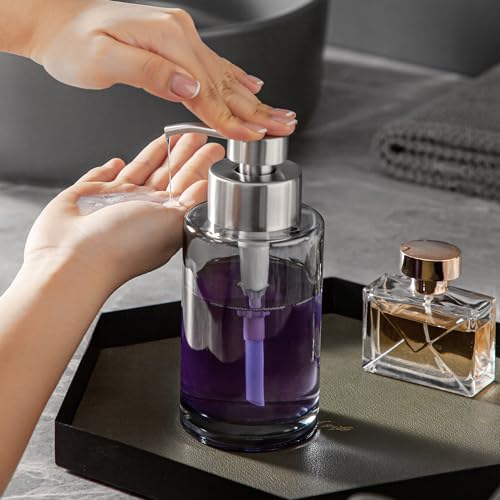 Image of Enra Silver Soap Dispenser, Glass Hand Soap Dispenser Liquid Pump Bottle | 12oz Thick Glass Design With Stainless Steel Pump. Clean Contemporary Style Enhances Countertops, Sinks And Modern Interiors.