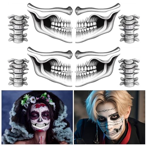 tatuagem temporária boca esqueleto, tatuagem temporária cara , autocolantes cara Halloween, halloween horror maquilhagem adultos, tatuagens cara para homens mulheres