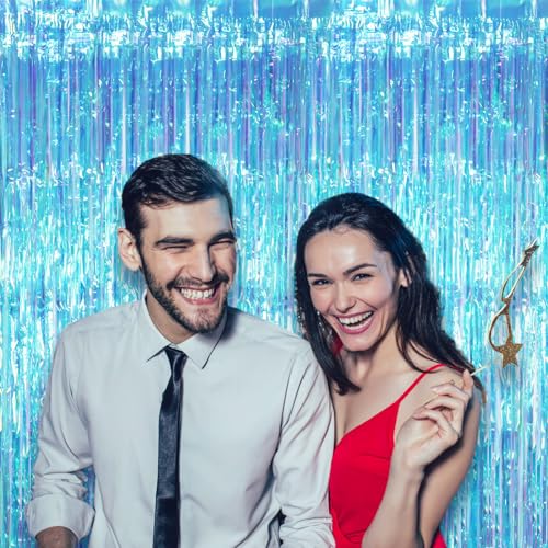 Image of Voircoloria 2 Pack Neon Iridescent Tinsel Foil Fringe Curtains, Iridescent Party Decorations, Metallic Tinsel Party Streamers Backdrop for Birthday Baby Shower Graduation Wedding Party Decorations