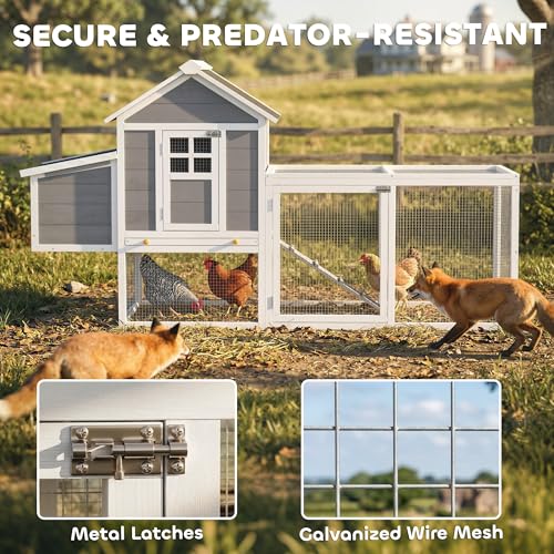 Image of PawHut 82 inch Wooden Chicken Coop, Large Outdoor Hen House Poultry Hutch for 2-3 Hens, Chicken House with Nesting Box, Pull-on Tray, Waterproof Roof, Ramp and Roosting Bars for Backyard, Gray