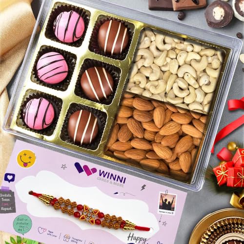 Image of WINNI - Luxury 6 Pcs Truffle Chocolate + Almond & Cashew DryFruits + Rakhi Pack | Belgian Dark Chocolate Gift | Rakhi Gift For Brother & Sister | Celebration Chocolate Gift Hamper | Rakhi Gift Box For Kids, Girls, Boys, Brother, Sister, Bhaiya, Bhabhi | Rakhi Gift Set | Chocolates Gift Bouquet | Imported Chocolate Gift | Return Gift