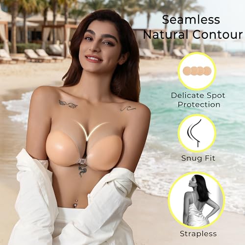 Image of Strapless Sticky Bra Push Up for Women, Adhesive Silicone No Show Bra for Backless Dress, Invisible Reusable V Shape