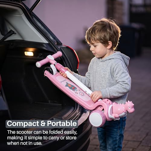 Image of Baybee Dino Blaze Kick Scooter for Kids | 3 Wheel Skate Scooter with RGB LED Wheels & Music | 3 Height Adjustable T-Bar Handle & Rear Brake | Foldable Skate Scooter for Kids 3 to 8 Years (Dark Pink)