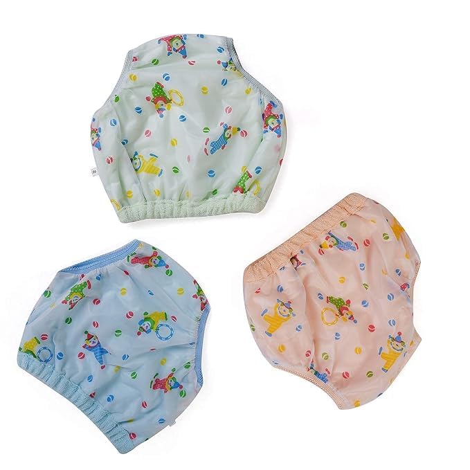 Reusable Waterproof PVC Plastic Baby Diaper Panties | Padded Training Pants with Soft Inner & Outer Plastic | Washable Nappy Cover for Babies | Medium | Pack of 3 | Multicolor-image-33