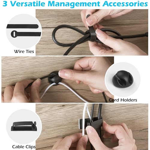 Cable Management Under Desk 26PCS - Cable Management Tray Kit Ventilated Hexagonal Design with Cable Clips, Wire Ties, Cord Holder & Screws for Office, Home - 2 Black Sets - Image 4
