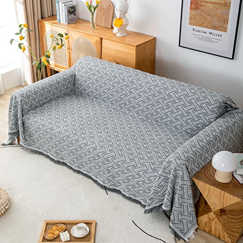 LHGOGO Sofa Überwurf aus Baumwolle | Waffle Jacquard Webart | Sofaüberwurf Decke als Couchbezug mit Fransen | Für Ecksofa, 2-Sitzer & als kuschelige Wohndecke, 180x230cm Hellgrau