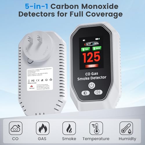 Image of 5 in 1 Portable Carbon Monoxide Detectors Plug in, MODOFO TOOL Smoke and Carbon Monoxide Detector with Built-in Battery, Natural Gas Leak Detector, HD Display for CO Gas Smoke Temp Humidity White 2Pcs