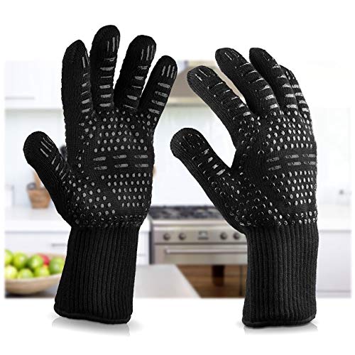 Zappy Grilling Gloves Heat Resistant Oven Gloves, BBQ Gloves Heat Resistant Up to 800 ℃ / 1472 ℉ with EN407, EN420 Certified for BBQ, Grill, Cooking, Baking, Welding, Black
