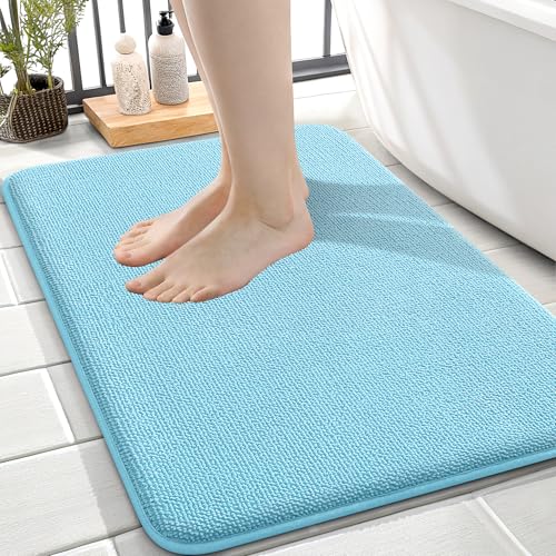 Image of OLANLY Thick Memory Foam Small Bathroom Rugs 24x16, Extra Soft Absorbent Bath Rug, Quick Dry Bath Mats, Non-Slip, Machine Washable Carpet for Bathroom, Tub and Shower, Home Decor Accessories, Sky Blue