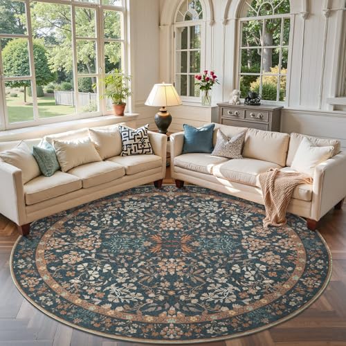 jinchan Round Rug 7ft Area Rug Soft 7'Round Vintage Floral Rug Non-Slip Low-Pile Machine Washable Carpet for Bedroom Dining Room Living Room Office Foyer Farmhouse Dark Blue