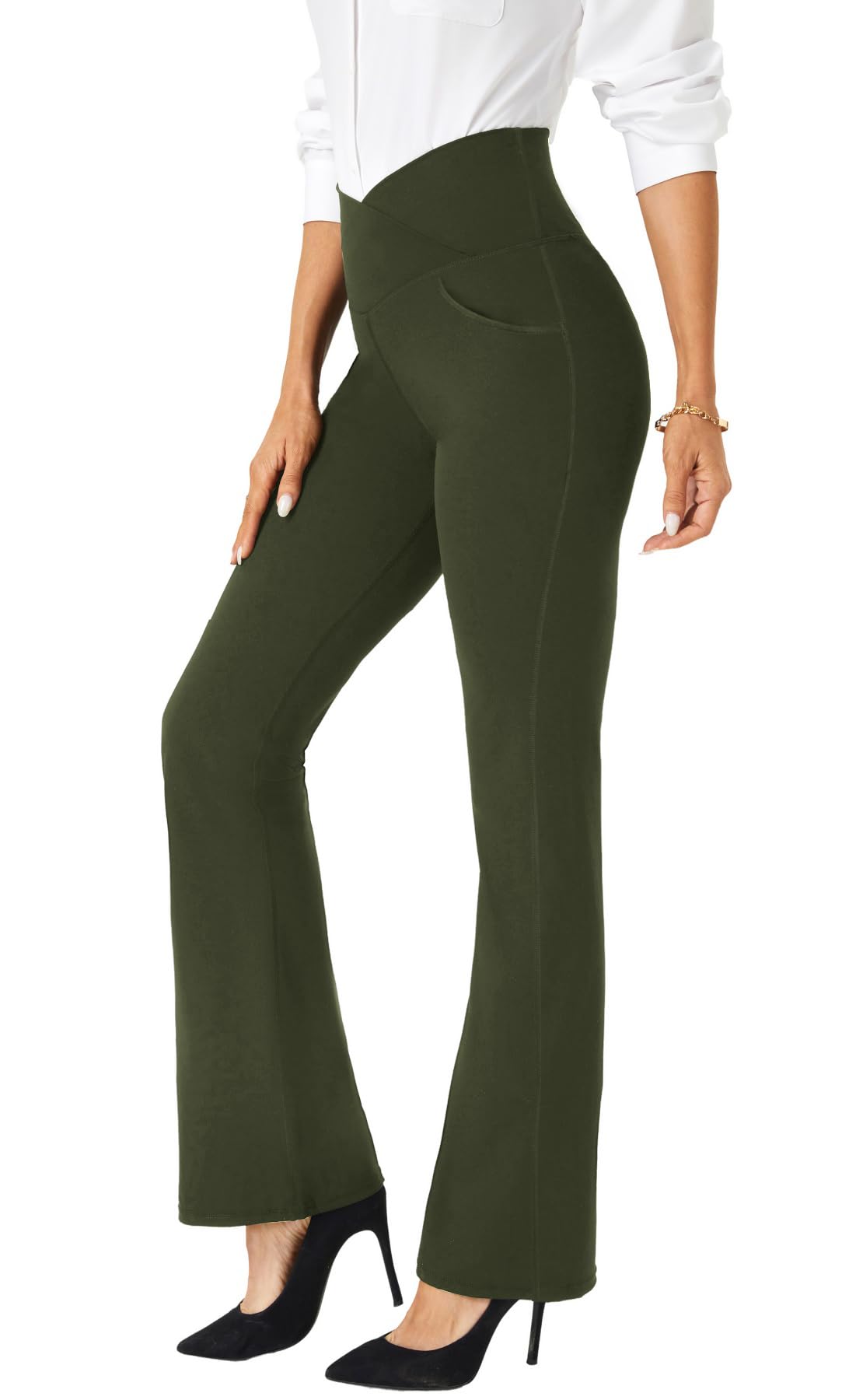TOPYOGAS Womens Bootcut Crossover High Waisted Dress Pants Work Pants Business Office Casual Slacks with Pockets Army Green