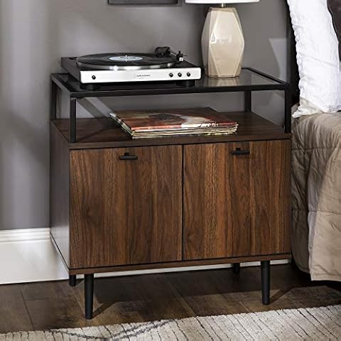 Walker Edison Contemporary Metal Frame 2-Drawer Nighstands with Display Space, Engineered Wood Alloy Warp-Resistant MDF, Durable Laminate, Tempered Glass, Powder-Coated Steel, Dark Walnut, Set of 2 Cover