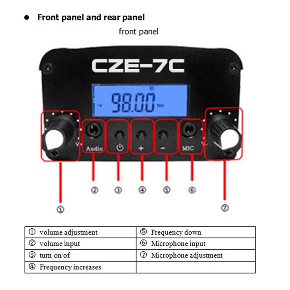 Transmisor de Radio FM de 1 W y 7 W CZE-7C, Amplificador Inalámbrico de FM de 76 A 108 MHz con Kit de Antena con Ventosa para Automóvil para Estación de Radio