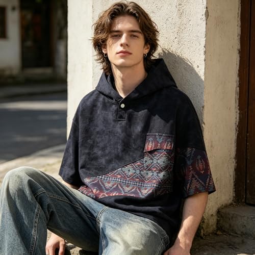 T-shirt à capuche patchwork homme coupe ample pour éviter la chaleur