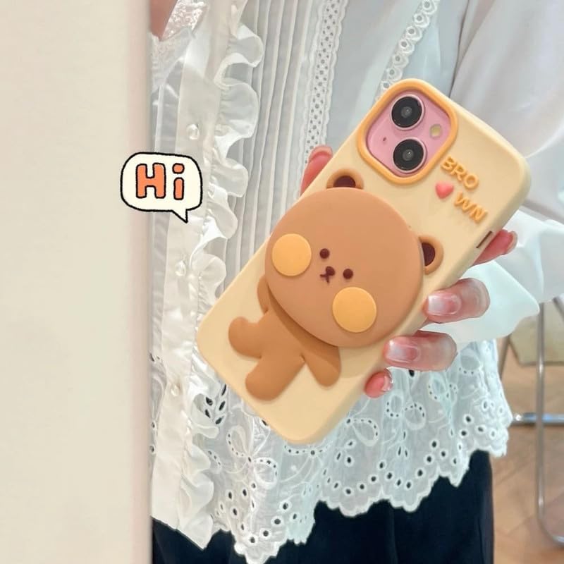 Image of COVERLY for iPhone 15 3D Teddy Bear Mirror Cartoon Stand Case,Premium Silicone Case Full Protective Cute Feel Love with Phone Holder Cool Makeup Mirror Cute Kawaii Aesthetic Cover for Apple iPhone 15
