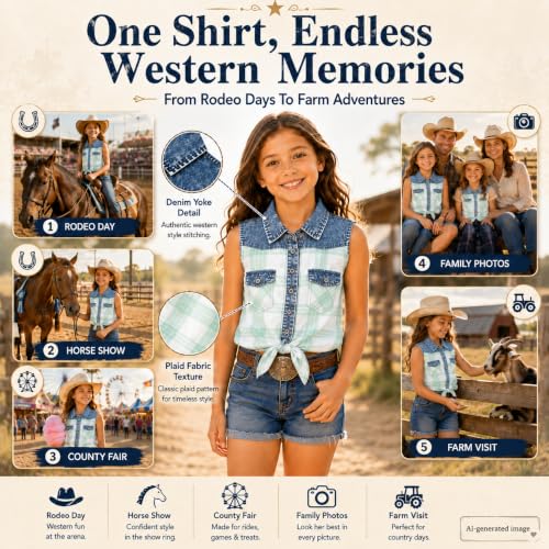 Image of Bienzoe Western Plaid Girls Shirt: Sleeveless Button Down