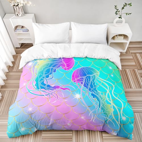 HOSIMA Mermaid Fish Scales Duvet Cover Twin,Jellyfish Printed Ocean Animal Rainbow Bedding Glitter Star Themed Twin Bedding for Girls Kids Room Decor.